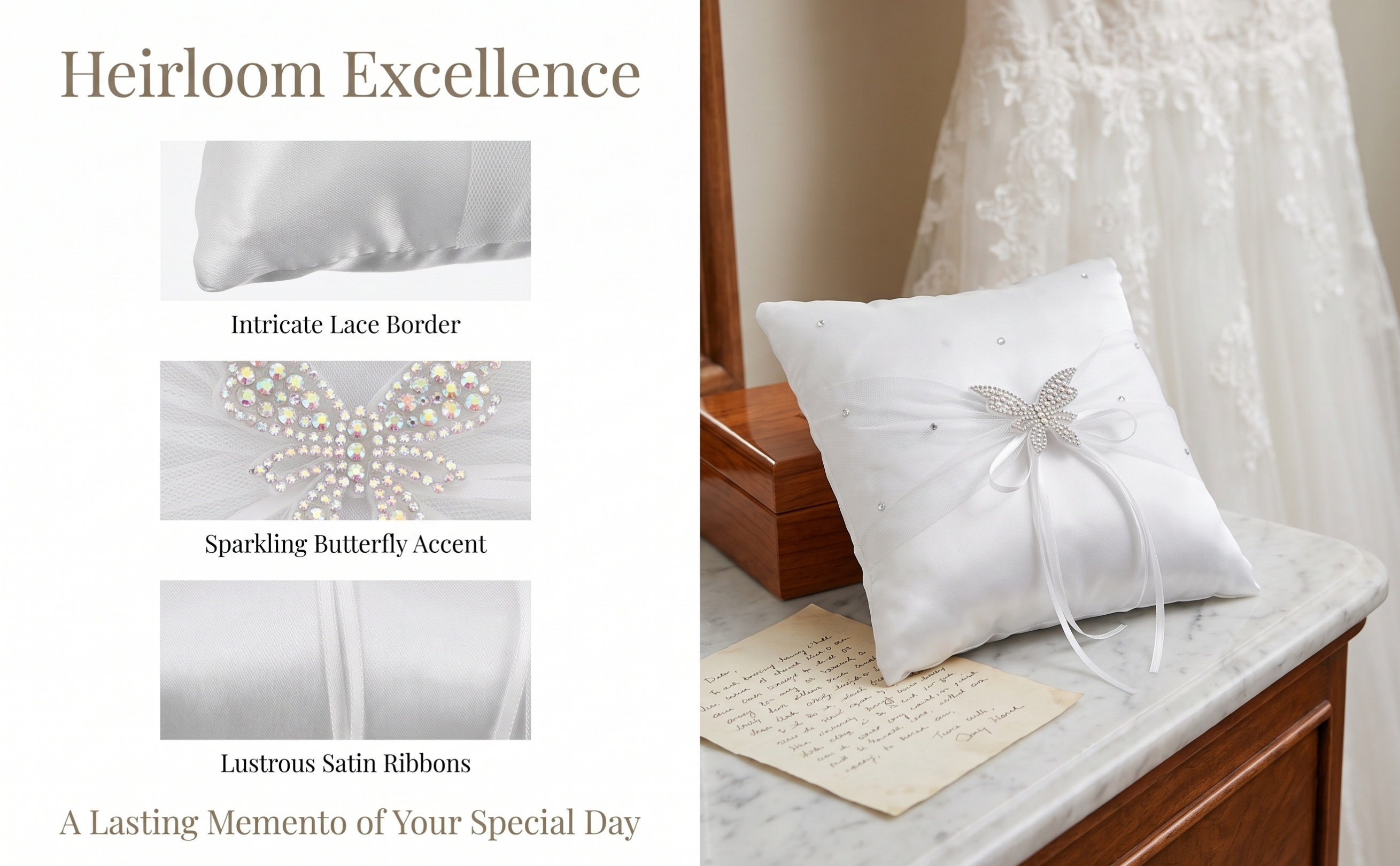 Ring Bearer Pillow - White Satin Wedding Ring Pillow Rhinestone